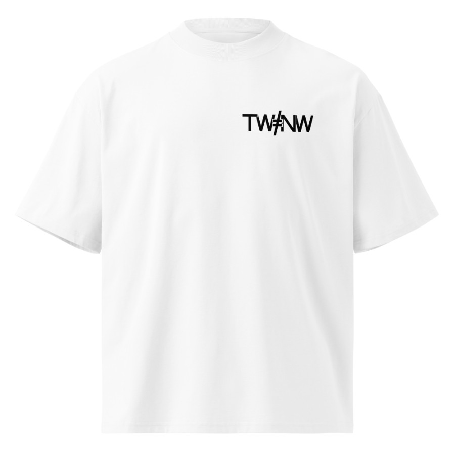 The Statement Tee in white, mark printed small on the chest